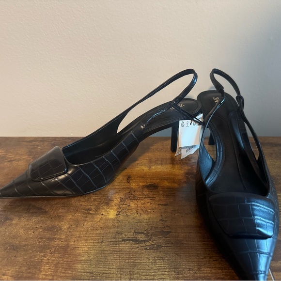 Zara Black Croc-Embossed Slingback Heels - Picture 1 of 4